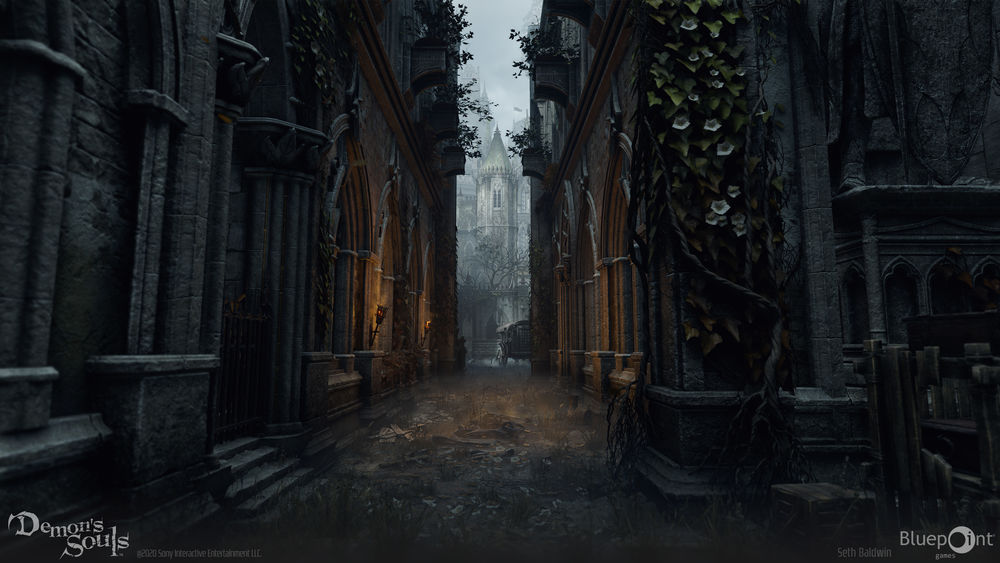 Обои для рабочего стола Inner Ward, городской проулок, официальный арт к игре Demon’s Souls 2020 художник по окружению Seth Baldwin, Bluepoint Games