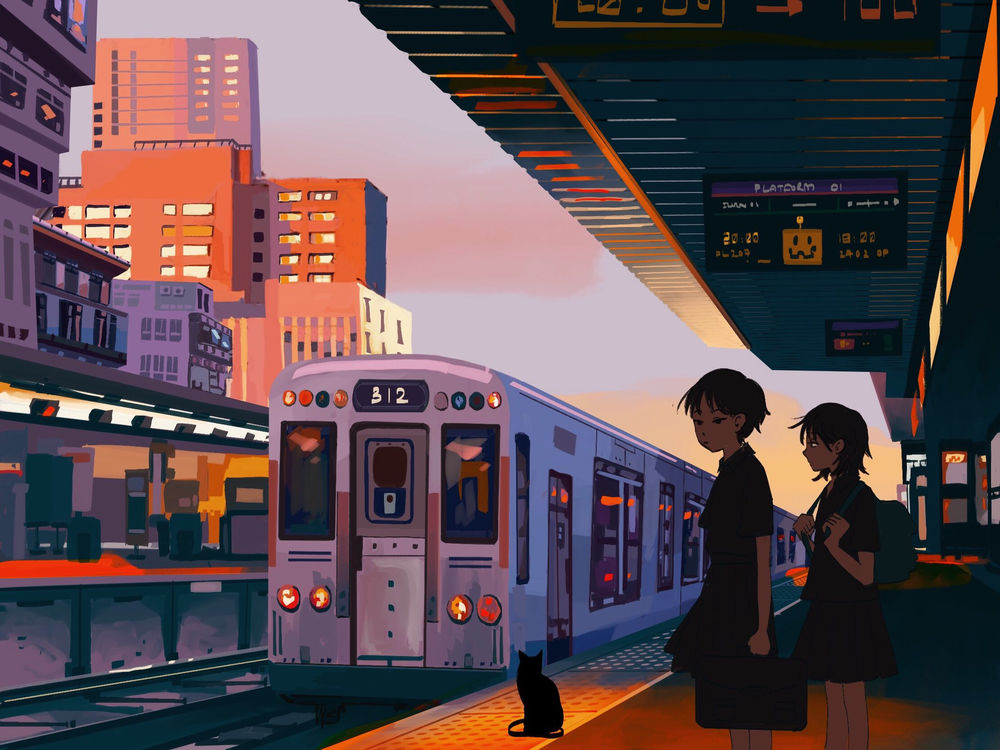 Обои для рабочего стола Две девушки стоят на железнодорожной станции, by Lan