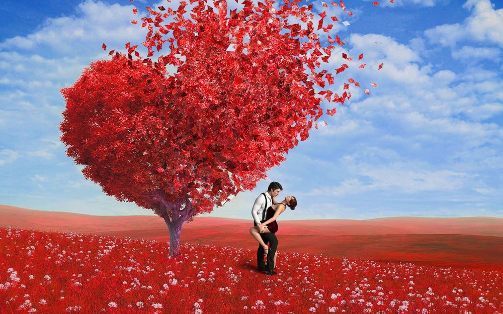 Обои для рабочего стола Мужчина и девушка стоят возле дерева, красная крона которого в форме сердца разлетается в небо, by susan-lu4esm