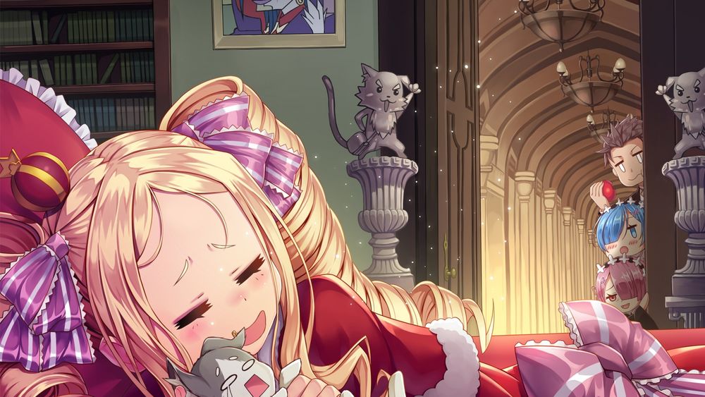 Обои для рабочего стола Beatrice / Беатрис, Pack / Пак, Subaru Natsuki / Субару Нацуки, Rem / Рем и Ram / Рам из аниме Re:Zero kara Hajimeru Isekai Seikatsu / Re:Zero. Жизнь с нуля в альтернативном мире