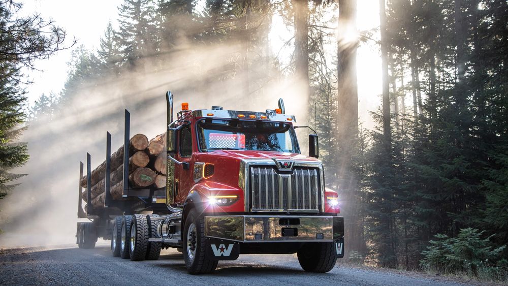 Обои для рабочего стола Грузовой автомобиль Truck Western Star везет бревна по лесной дороге