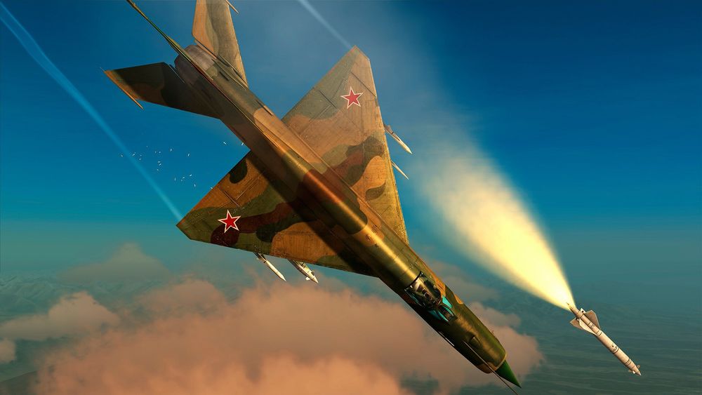 Обои для рабочего стола МиГ-21, советский легкий сверхзвуковой фронтовой истребитель третьего поколения, атакует
