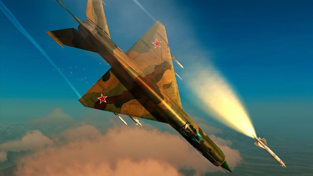 Обои для рабочего стола МиГ-21, советский легкий сверхзвуковой фронтовой истребитель третьего поколения, атакует