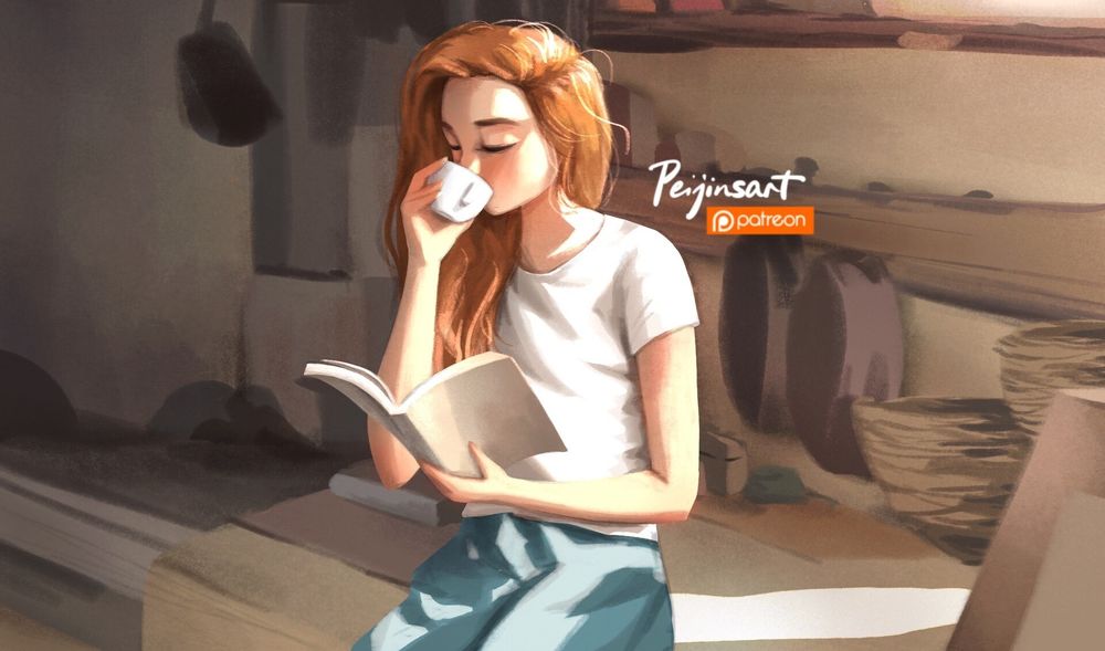 Обои для рабочего стола Девочка с книгой и чашкой в руках, by Peijin Yang
