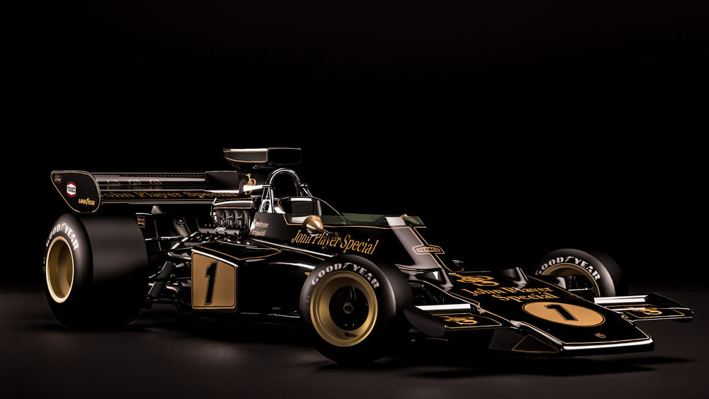 Обои для рабочего стола Черный с золотым болид Формулы 1 1970 года Lotus 72D Cosworth Emerson Fittipaldi, by Zoki Nanco