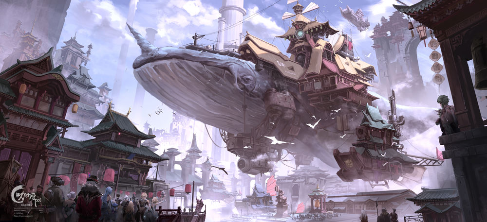 Обои для рабочего стола Фэнтезийный пейзаж города с летящим в небе китом, фан арт видеоигры Genshin Impact by Cupoi