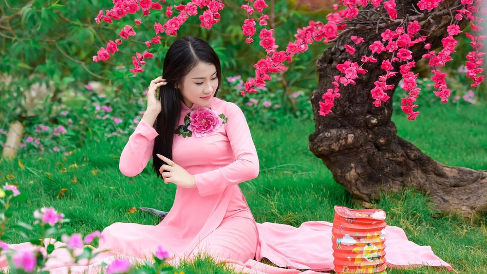 Обои для рабочего стола Девушка в розовом платье сидит рядом с цветущим деревом