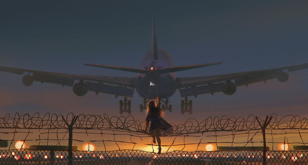 Обои для рабочего стола Девушка запускает бумажный самолетик на фоне взлетающего в небо самолета, оригинальный аниме персонаж by ALZI