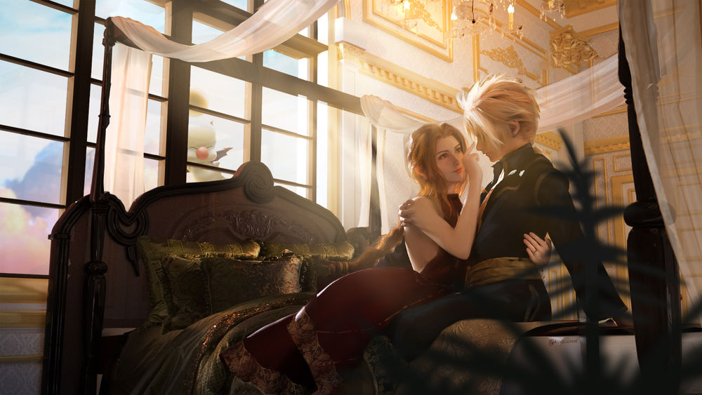 Обои для рабочего стола Aerith Gainsborough / Айрис Гейнсборо и Cloud Strife / Клауд Страйф сидят на кровати, персонажи компьютерной ролевой игры Final Fantasy VII Remake / Последняя фантазия 7