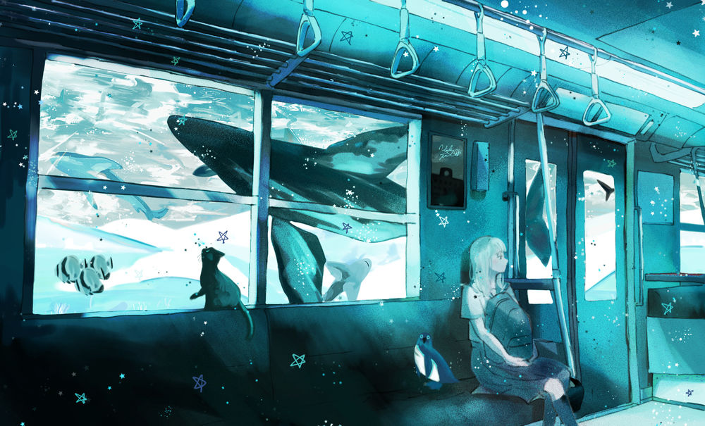 Обои для рабочего стола Девушка, пингвин и кошка едут в поезде под водой