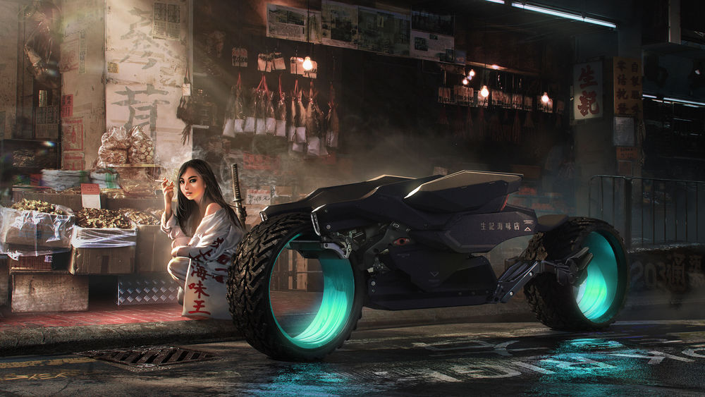 Обои для рабочего стола Девушка-самурай курит возле мотоцикла, Cyberpunk art by Ming Yee Sheh