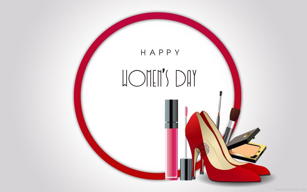 Обои для рабочего стола Красные женские туфельки и косметика на белом фоне с надписью (Happy Womens Day / Счастливого Дня Женщин)