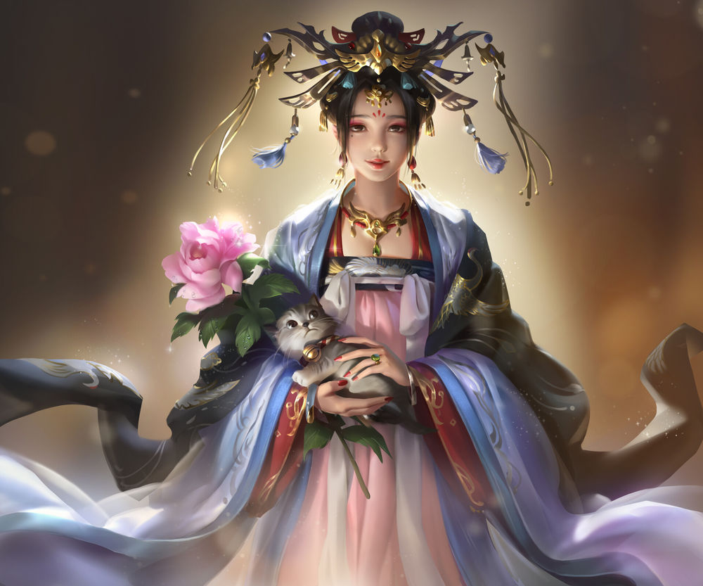 Обои для рабочего стола Девушка с украшением на голове с пионом и кошкой в руках, by yiqian zhang
