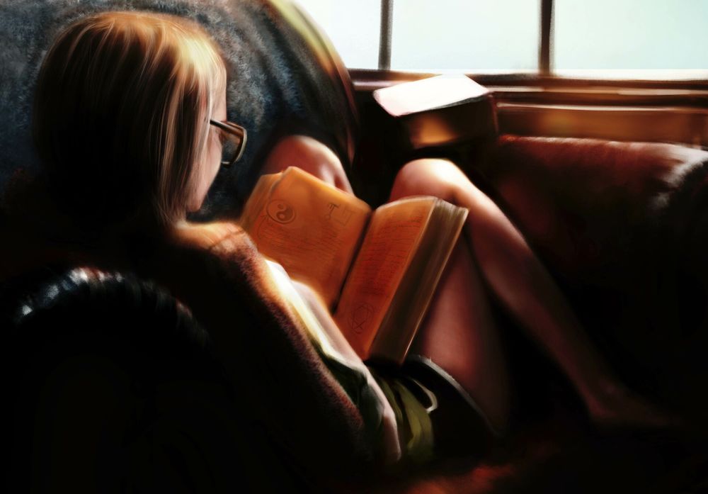 Обои для рабочего стола Девочка читает книгу у окна, by Areum K