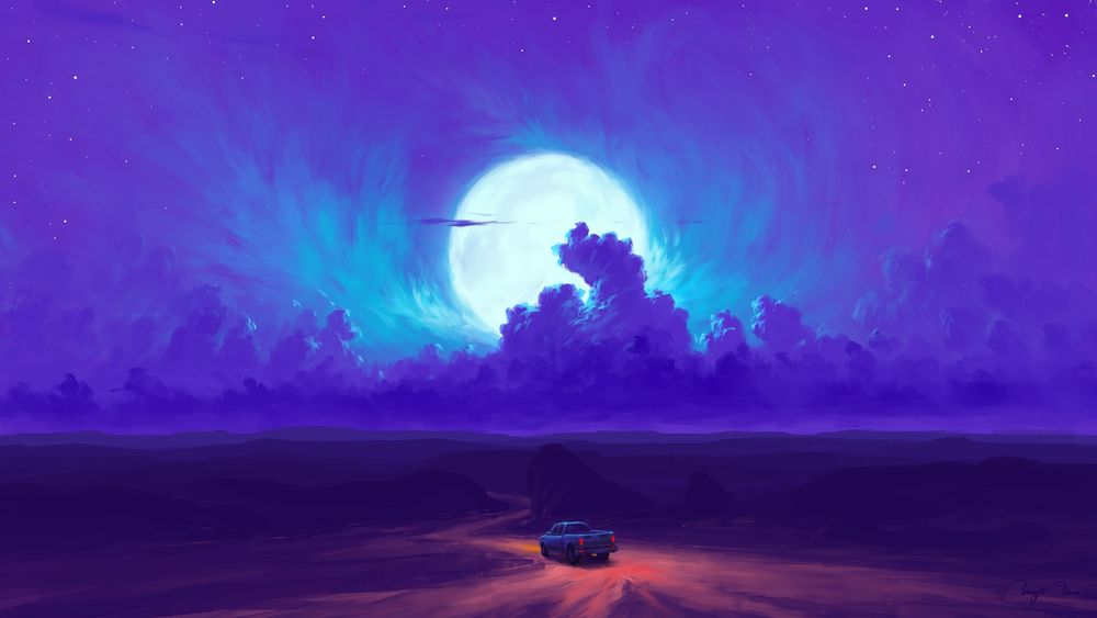 Обои для рабочего стола Автомобиль едит по дороге при ночном свете луны, digital art by BisBiswas