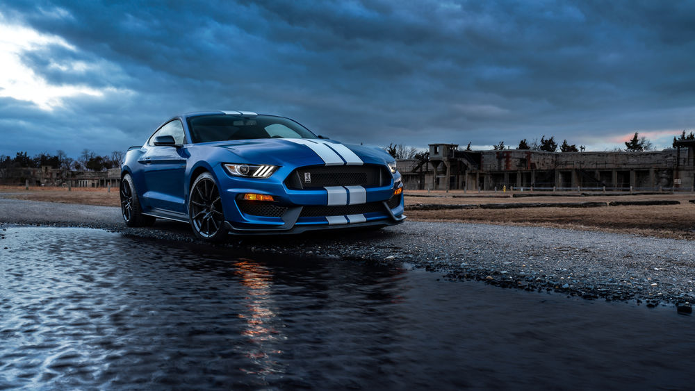 Обои для рабочего стола Синий автомобиль Ford Mustang Shelby GT500 стоит на берегу водоема