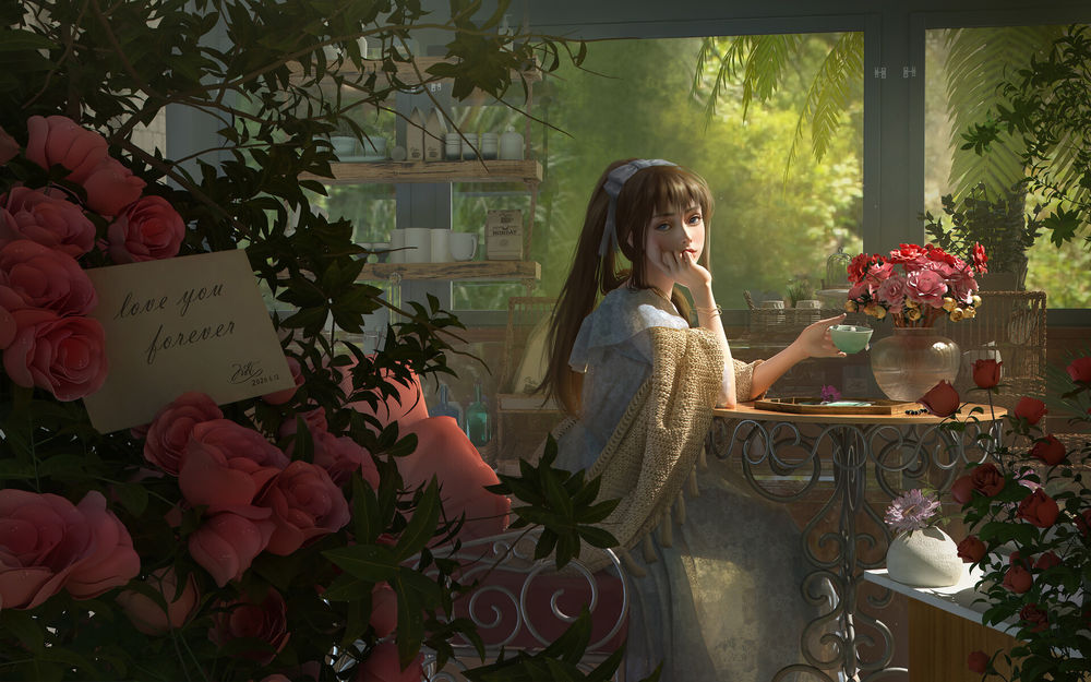 Обои для рабочего стола Девушка с чашкой сидит за столиком на веранде среди цветов,(love you forever / люблю тебя вечно) by 喵 小团