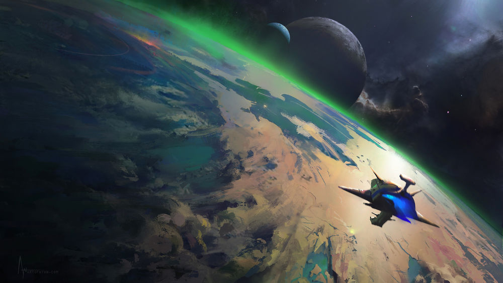 Обои для рабочего стола Космический корабль летит над планетой, digital art by Artofayan