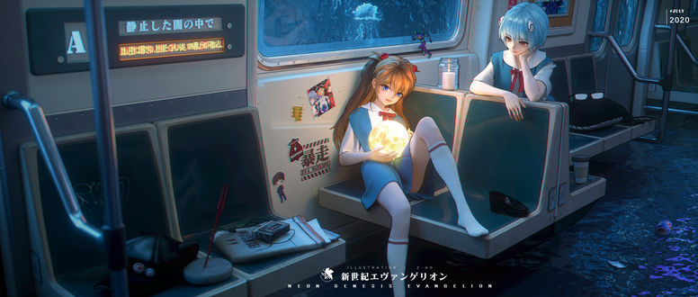 Обои на рабочий стол Asuka Langley Soryu / Аска Лэнгли Сорью и Ayanami Rei / Аянами Рей персонажи из аниме Neon Genesis Evangelion / Евангелион, by Z-AO
