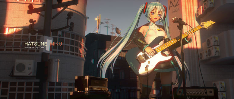 Обои на рабочий стол Hatsune Miku / Хатсуне Мику персонаж из аниме Vocaloid / Вокалоид с гитарой у микрофона в городе на закате, by Z-AO