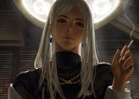 Обои на рабочий стол Белокурая девушка с сигаретой в руке, art by GUWEIZ