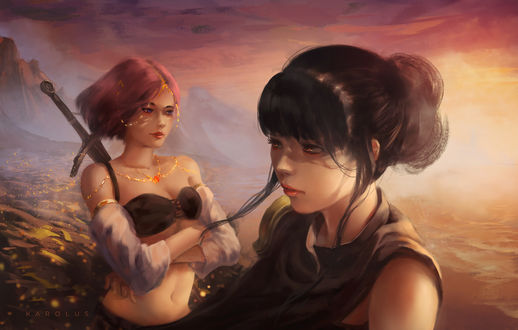 Обои на рабочий стол Две девушки Frey и Orla, оригиналные фэнтези персонажи by Karolus Wijaya