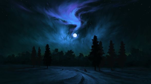 Обои на рабочий стол Волк на дороге в ночном лесу воет на луну, digital art by BisBiswas