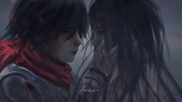 Обои на рабочий стол Микаса Аккерман / Mikasa Ackerman и Эрен Егер / Eren Jaeger из аниме Атака Титана / Attack on Titan / Shingeki no Kyojin
