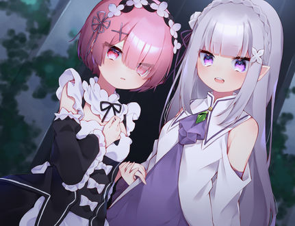 Обои на рабочий стол Emilia / Эмилия и Rem / Рем из аниме Re:Zero kara Hajimeru Isekai Seikatsu / Жизнь с нуля в альтернативном мире