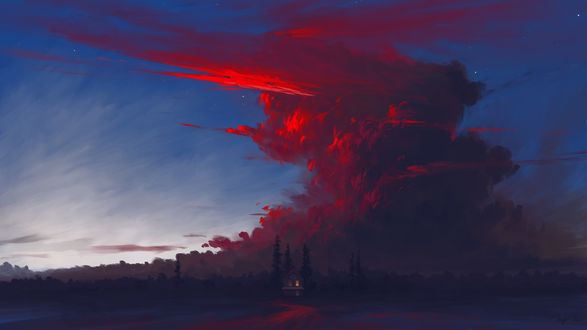 Обои на рабочий стол Пейзаж закатного неба с большим красным облаком, digital art by BisBiswas
