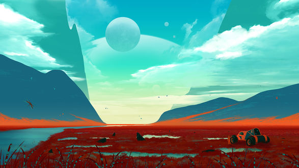 Обои на рабочий стол Пейзаж чужой красной планеты, digital art by JoeyJazz