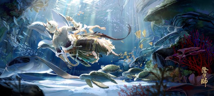 Обои на рабочий стол Фэнтезийный персонаж из видеоигры Onmyoji плывет под водой, fan art by TamoTaro