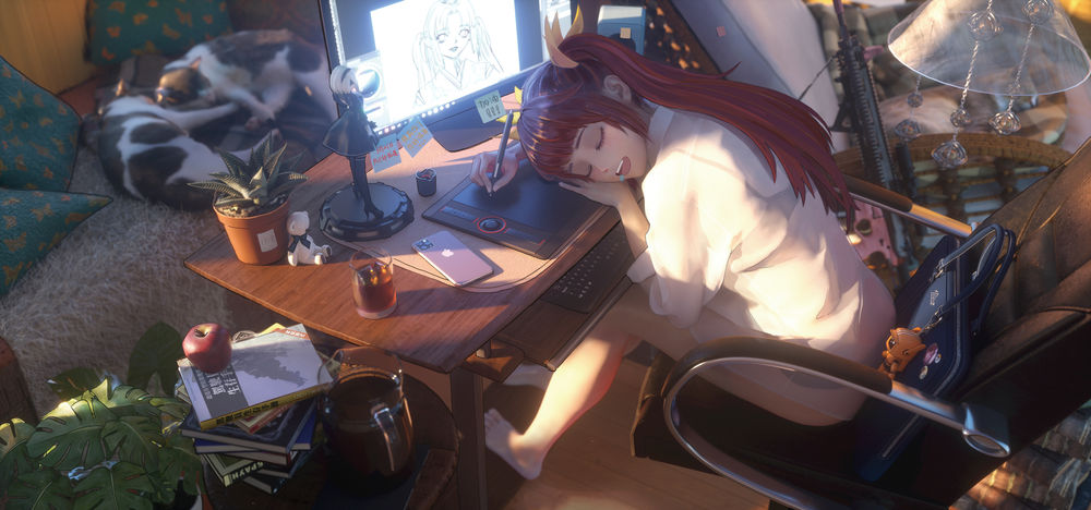 Обои на рабочий стол Девушка с кошкой рисуя рисунок уснула за компьютером,  by Z-AO, обои для рабочего стола, скачать обои, обои бесплатно