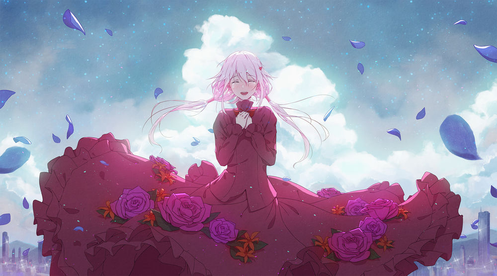 Обои для рабочего стола Инори Юдзуриха / Yuzuriha Inori из аниме Корона Греха / Guilty Crown в платье с цветами