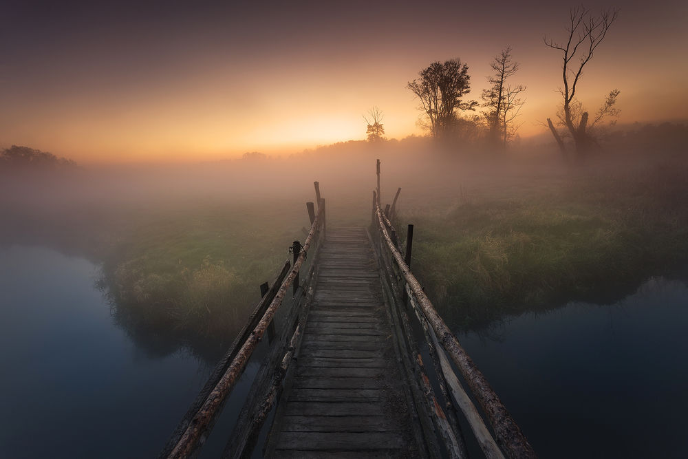 Обои для рабочего стола Деревянный мостик через реку на фоне туманного утреннего рассвета, фотограф Pawel Olejniczak