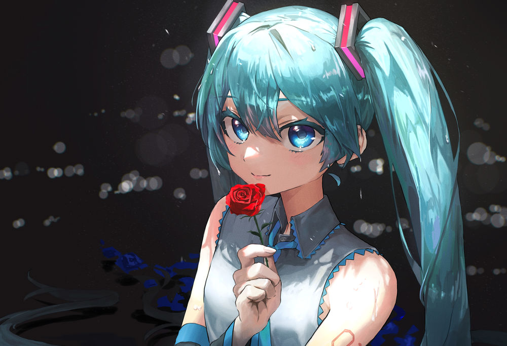 Обои для рабочего стола Vocaloid Hatsune Miku / Вокалоид Хатсунэ Мику с красной розой в руке