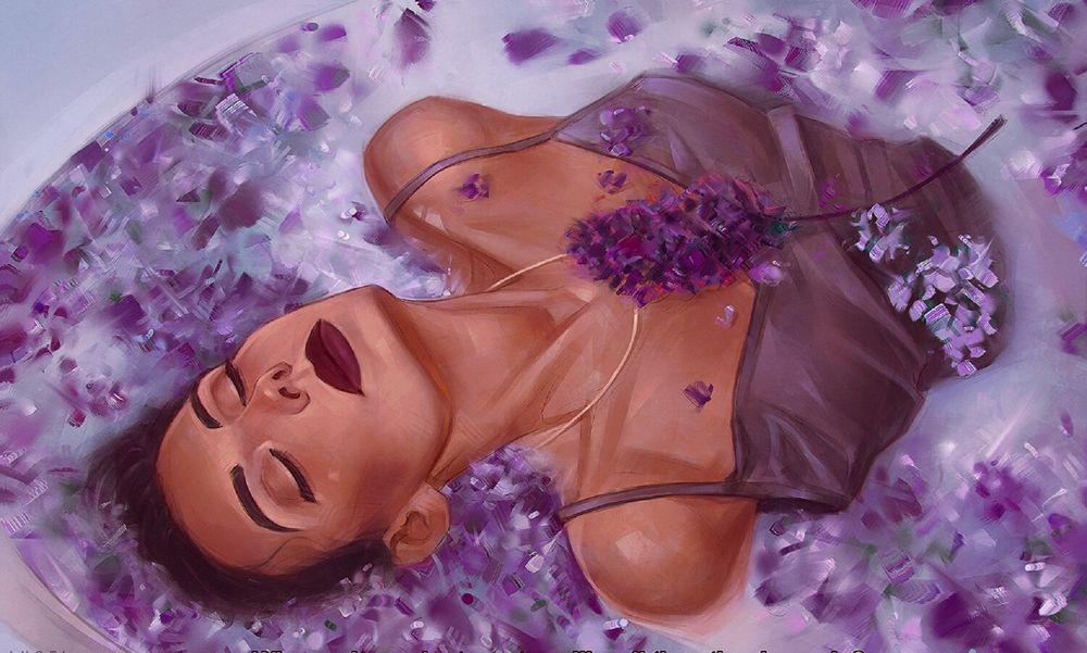 Обои для рабочего стола Девушка в ванне с водой и лавандой, by AngelGanev