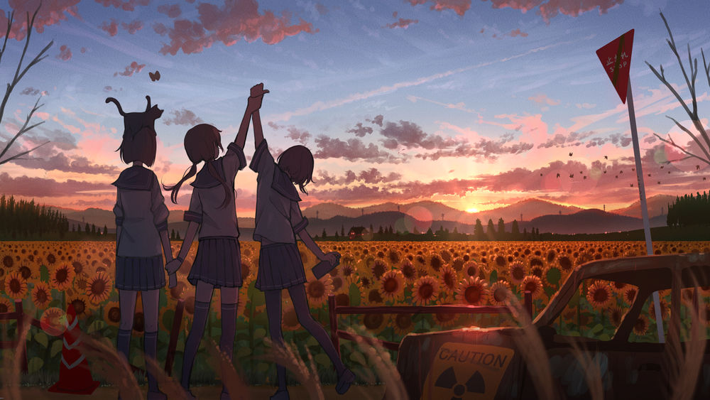 Обои для рабочего стола Три девушки-школьницы стоят в поле на фоне заката солнца, by pasoputi