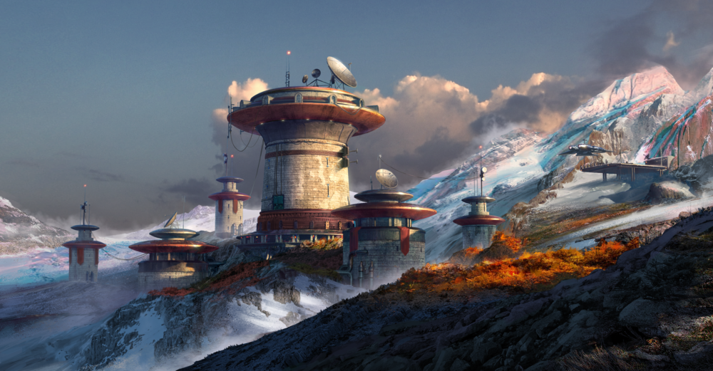 Обои для рабочего стола Футуристическая обсерватория в осенних горах среди заснеженных вершин и облаков, автор Artem Shashkin