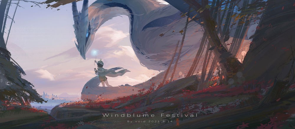 Обои для рабочего стола Девушка Venti / Вэнти персонаж из видеоигры Genshin Impact, Windblume Festival / Фестиваль Ветряных Мушек, by void_0