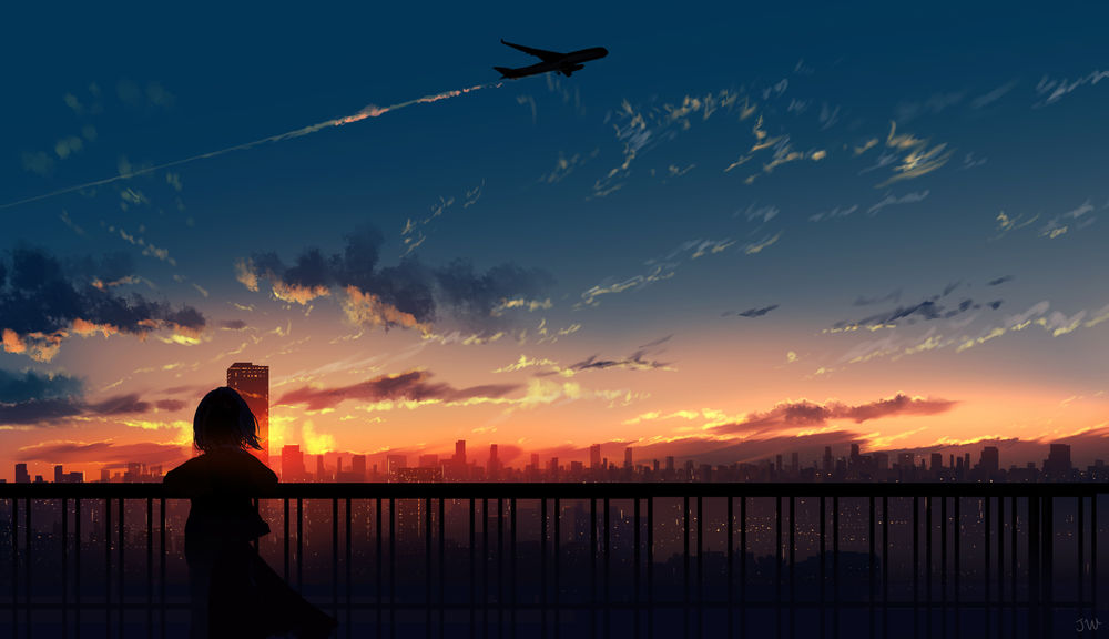 Обои для рабочего стола Девушка стоит на фоне заката солнца с летящим самолетом в небе, by JW