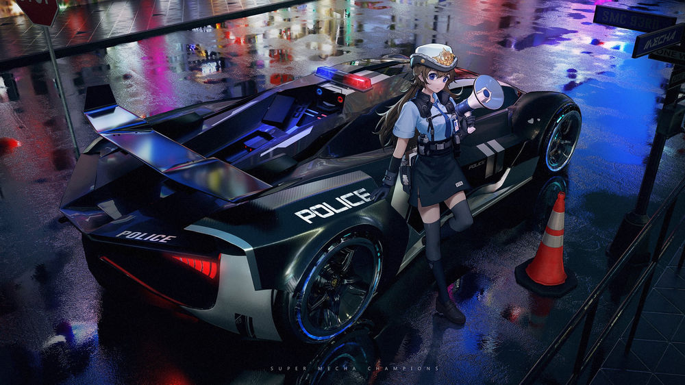 Обои для рабочего стола Девушка-шериф стоит возле полицейского автомобиля, фан арт видеоигры Need for Speed by Dora