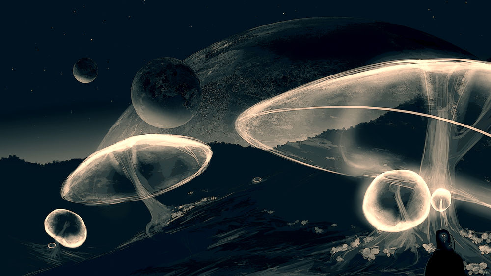 Обои для рабочего стола Ядерные мухоморы на чужой планете, digital art by JoeyJazz