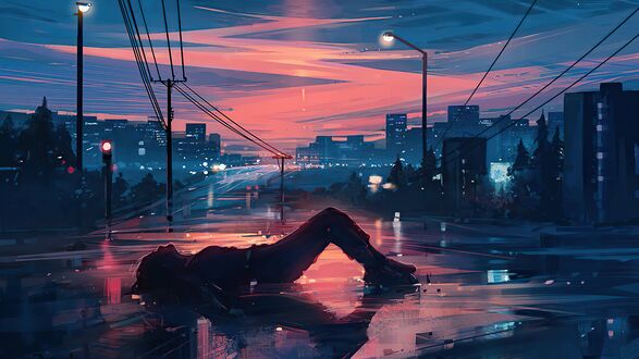 Обои на рабочий стол Девушка лежит на мокрой дороге на фоне красного неба, by Alena Aenami