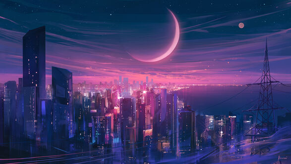 Обои на рабочий стол Ночной город освещенный лунным светом, digital art by Alena Aenami