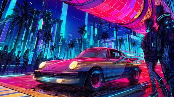 Обои на рабочий стол Автомобиль Porsche мчится по ночному городу, фан арт видеоигры Cyberpunk 2077 / Киберпанк 2077 by Michal Dziekan