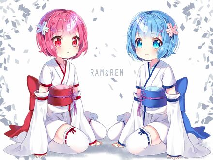 Обои на рабочий стол Rem / Рем и Ram / Рам из аниме Re:Zero kara Hajimeru Isekai Seikatsu / Re:Zero. Жизнь с нуля в альтернативном мире