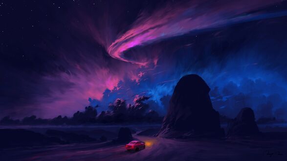 Обои на рабочий стол Автомобиль едет по ночной проселочной дороге, digital art by BisBiswas
