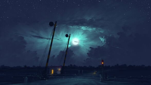 Обои на рабочий стол Машина возле железнодорожного переезда, digital art by BisBiswas
