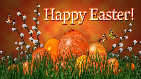 Обои на рабочий стол Пасхальные яйца на траве и веточки вербы, (Happy Easter / счастливой Пасхи)